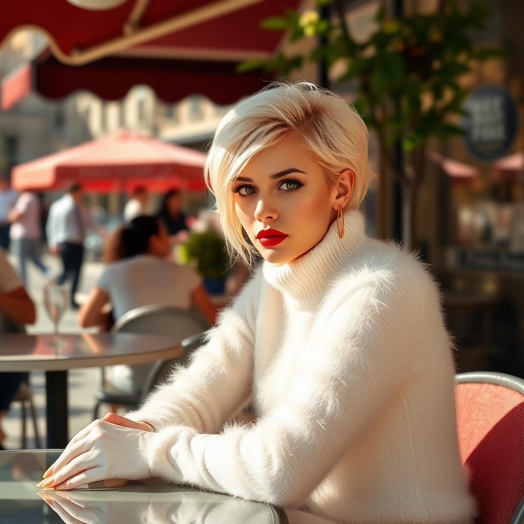 Sunny spring morning chichi-society, exclusive street café, sitting at café table looking at camera: Melissa: European 17 years old very convincing femboy “trophy-bimbo”, tamed servile docile, very beautiful feminine flawless face, rather short boyish figure, platinum blond short tight curls, bold red lips, heavily made-up face, wearing Supertanya-style very long and tight fluffy very fuzzy bright white angora turtleneck-sweaterdress, white vinyl thigh-high boots with golden heels, gold earrings, pout frustrated.