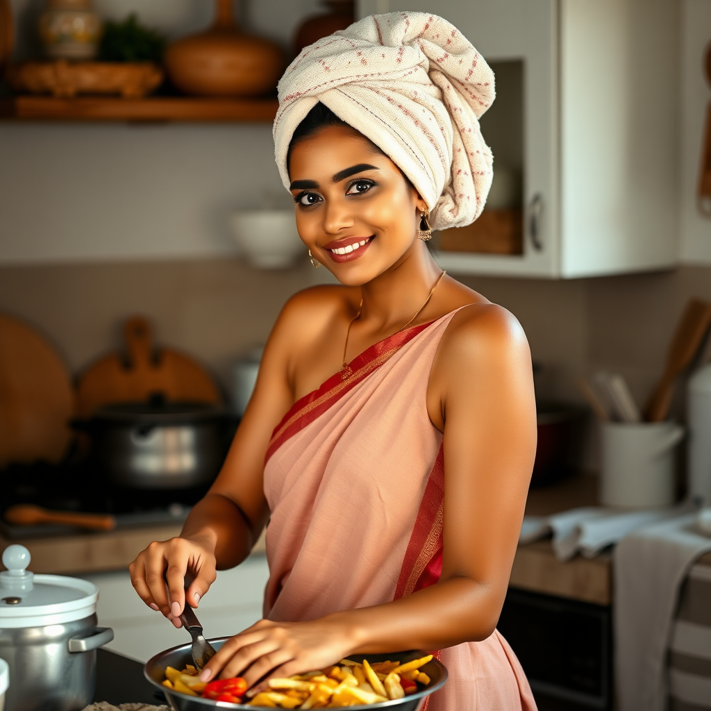 slim, 35 year old, traditional indian wife, towel head, cooking food in kitchen