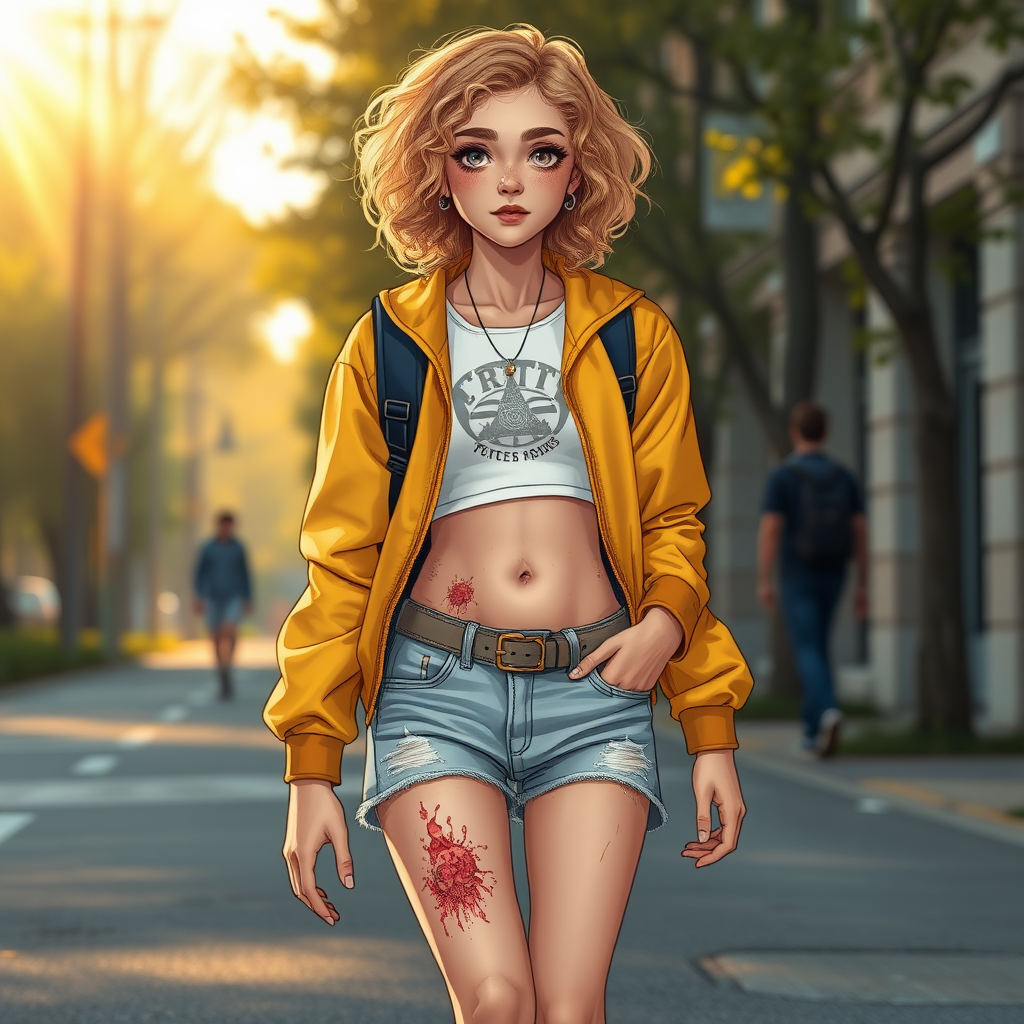 Ultra Realistic taken photo style image, Extremely good quality 8k resolution drawn manga image of a 15 year old petite and short tomboy girl with golden blonde curly hair with mixed and different colored eyes for each eye and moles on her entire body and is a white American girl, Has on a Gold Jacket over a white extremely short crop top only covering her breasts and nothing more with a design on it, and has on ripped shorts and cool looking sneakers and a deep and big wound and no tattoos on her stomach from a huge injury she had, with a bright color backpack, ear piercings on, walking on the street to school in the morning with the beautiful sunlight lighting up her body beautifully.