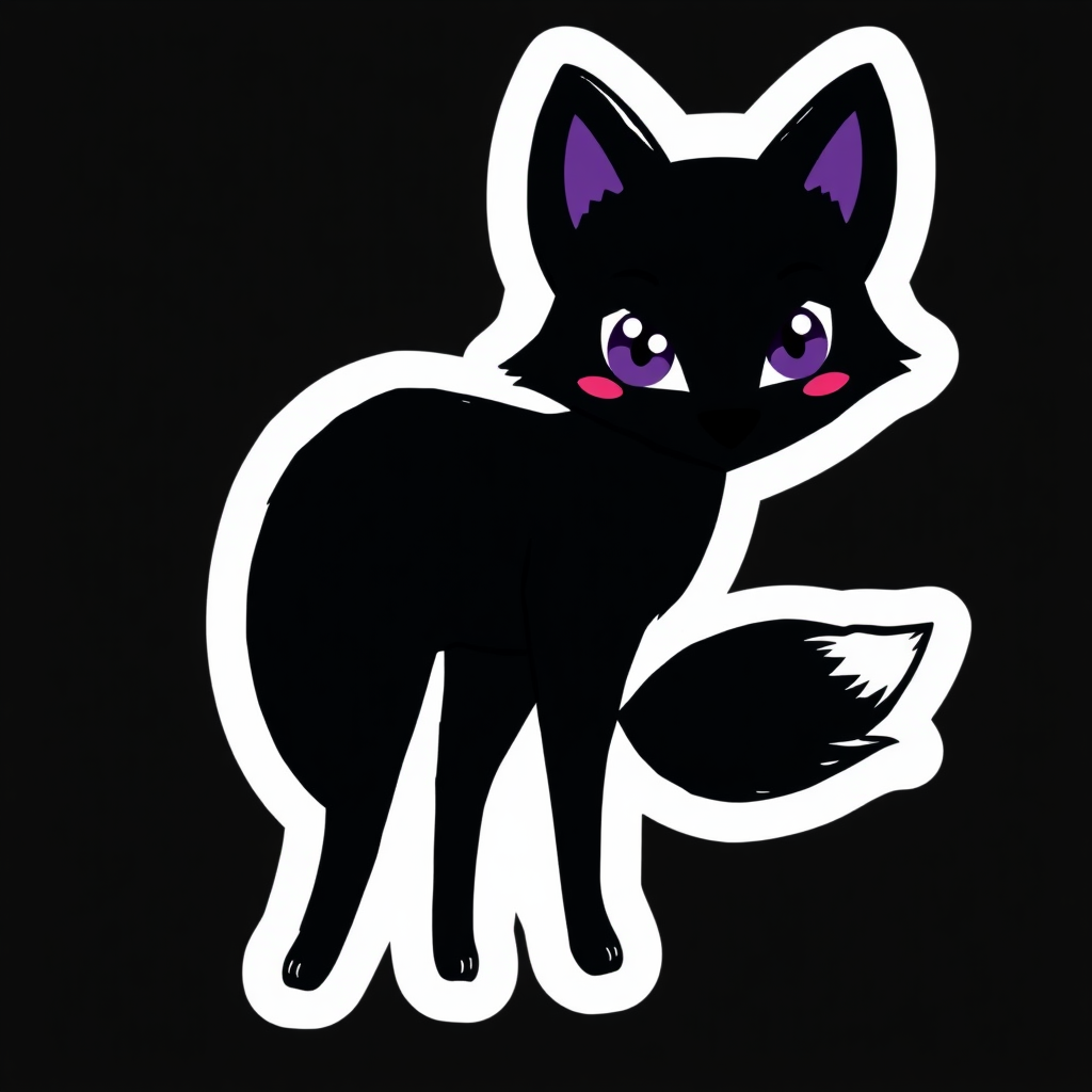 A sticker of a hand drawn black fox with purple eyes and tail tip. Simple black background