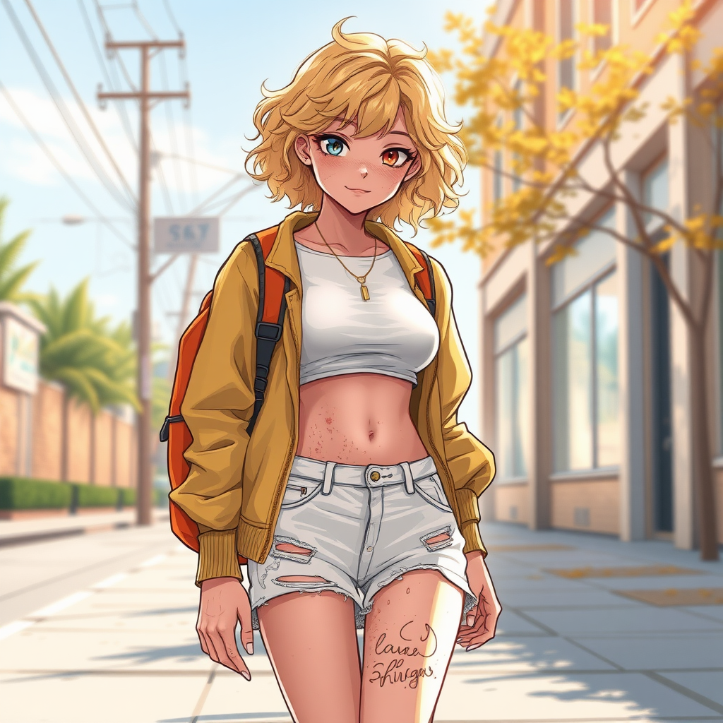 Realistic drawing style image, Extremely good quality 8k resolution drawn manga image of a 15 year old petite and short tomboy girl with golden blonde curly hair with mixed and different colored eyes for each eye and moles on her entire body and is a white American girl, Has on a Gold Jacket over a white extremely short crop top only covering her breasts and nothing more with a design on it, and has on ripped shorts and cool looking sneakers and a deep and big knife cut wound on her stomach from a huge injury she had, with a bright color backpack, ear piercings on, walking on the street to school in the morning with the beautiful sunlight lighting up her body beautifully with no tattoos.