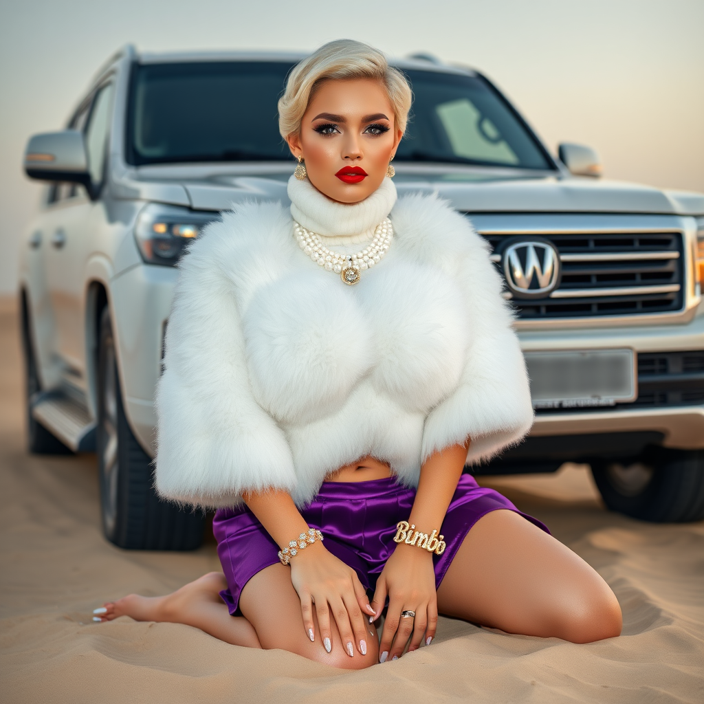 Kuwait desert dunes misty dawn, full size luxury SUV: Melissa, European 17 years old very convincing femboy “trophy-bimbo”, tamed servile docile, very beautiful feminine flawless face, rather short, by hormones very curvaceous womanly figured, platinum blond short tight curls, bold red lips, long white French nails, heavily made-up face, wearing Supertanya-style fluffy very fuzzy bright white angora turtleneck-poncho cropped ending under bust decorated with pearls and glass stones, very tight purple vinyl mini pleated skirt, white pearl belly piercing, full Oriental bridal jewelry including headpiece, oriental white transparent face veil over nose and mouth, coin wristlets, coin anklets, striking diamond “Bimbo” letter brooch on left chest, pout frustrated, kneeling in sand in front of SUV, looking at camera. Focus on face and turtleneck-poncho.