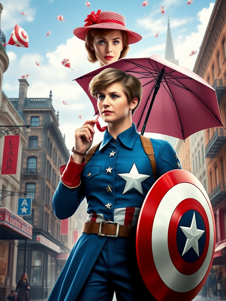 DALL-E 3 prompt (683 characters):

Create a full-length rendered image merging Mary Poppins and Steve Rogers. Maintain Mary's head, hairstyle, and facial features atop Steve's muscular body. Adapt Mary's iconic nanny outfit to fit the new physique, incorporating elements from Captain America's costume such as star motifs or shield-inspired accessories. Adjust the umbrella size to match the larger frame. Set the scene in a whimsical London street blending into a 1940s New York cityscape. Include floating objects like kites or shields in the sky. Ensure the image captures both Mary's magical essence and Steve's heroic stance. Balance vibrant colors from both characters' worlds throughout the composition.