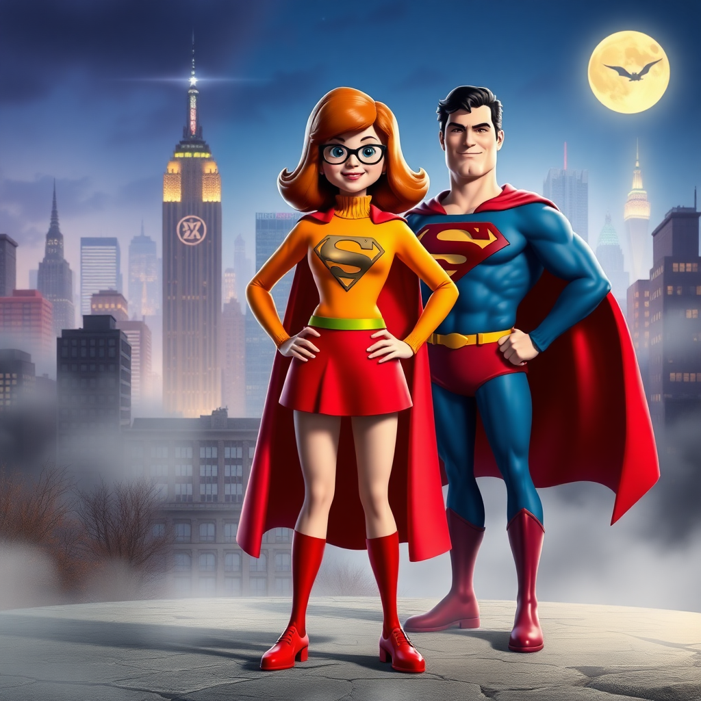 Create a full-length rendered image of a hybrid character combining Velma Dinkley’s features and Superman’s body type. The character wears Velma's classic orange turtleneck and red skirt, complemented by Superman’s iconic cape and emblem. Set the background in a vibrant blend of the Mystery Inc. world and Metropolis, showcasing a bustling city skyline alongside a spooky, fog-laden landscape. The lighting is dynamic, highlighting the character's confident stance as they stand heroically, ready to solve mysteries or save the day. Capture a sense of adventure and whimsy in this unique crossover.