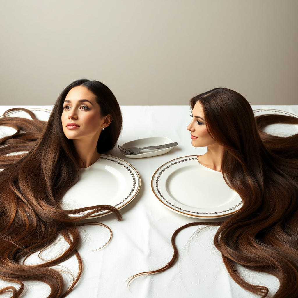 Surreal image of the disembodied heads of very long haired Meghan Markle and Kate Middleton served on plates. Their beautiful hair spread out all over the table.