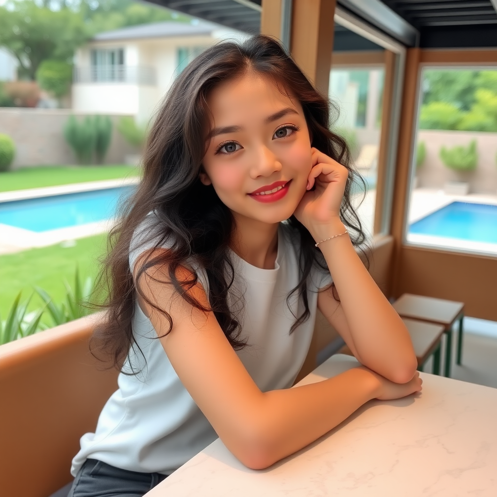 A young, 18-year-old beautiful Xiaohongshu blogger, with fair skin, big eyes, long curly hair, an oval face, and very slim, sitting in a cafe, leaning on the table, with green grass and a swimming pool outside the window.