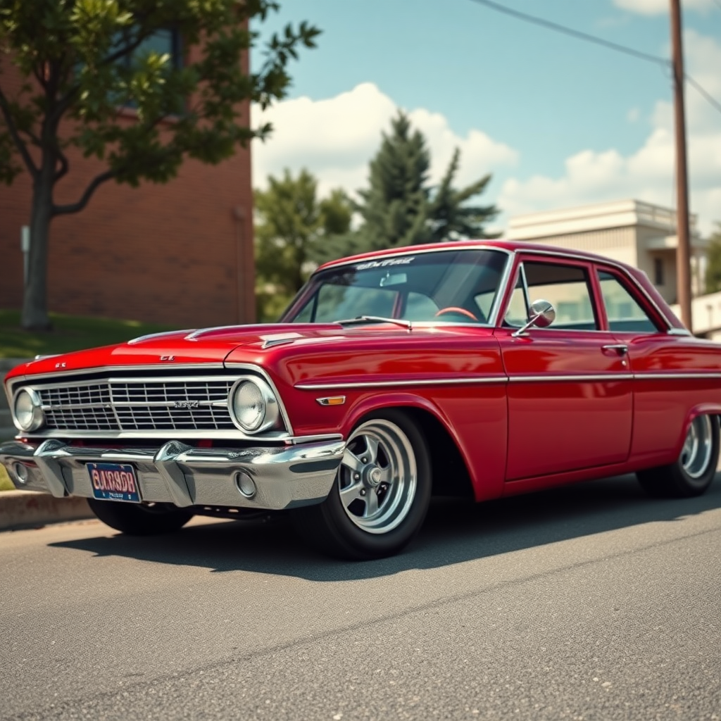 the drag car is parked on the side of the road, inspired by Taiyō Matsumoto, tumblr, restomod, nd4, c4 metallic shine candy red classic american low rider custom ford