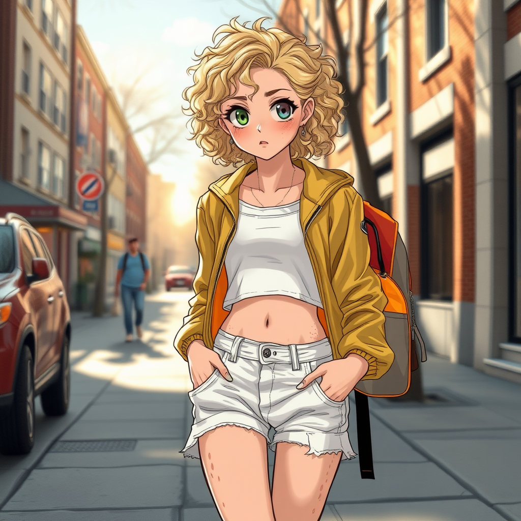 Realistic drawing style image, Extremely good quality 8k resolution drawn manga image of a 15 year old petite and short tomboy girl with golden blonde curly hair with mixed and different colored eyes for each eye and moles on her entire body and is a white American girl, Has on a Gold Jacket over a white extremely short crop top only covering her breasts and nothing more with a design on it, and has on ripped shorts and cool looking sneakers and a deep and big knife cut wound on her stomach from a huge injury she had, with a bright color backpack, ear piercings on, walking on the street to school in the morning with the beautiful sunlight lighting up her body beautifully with no tattoos.