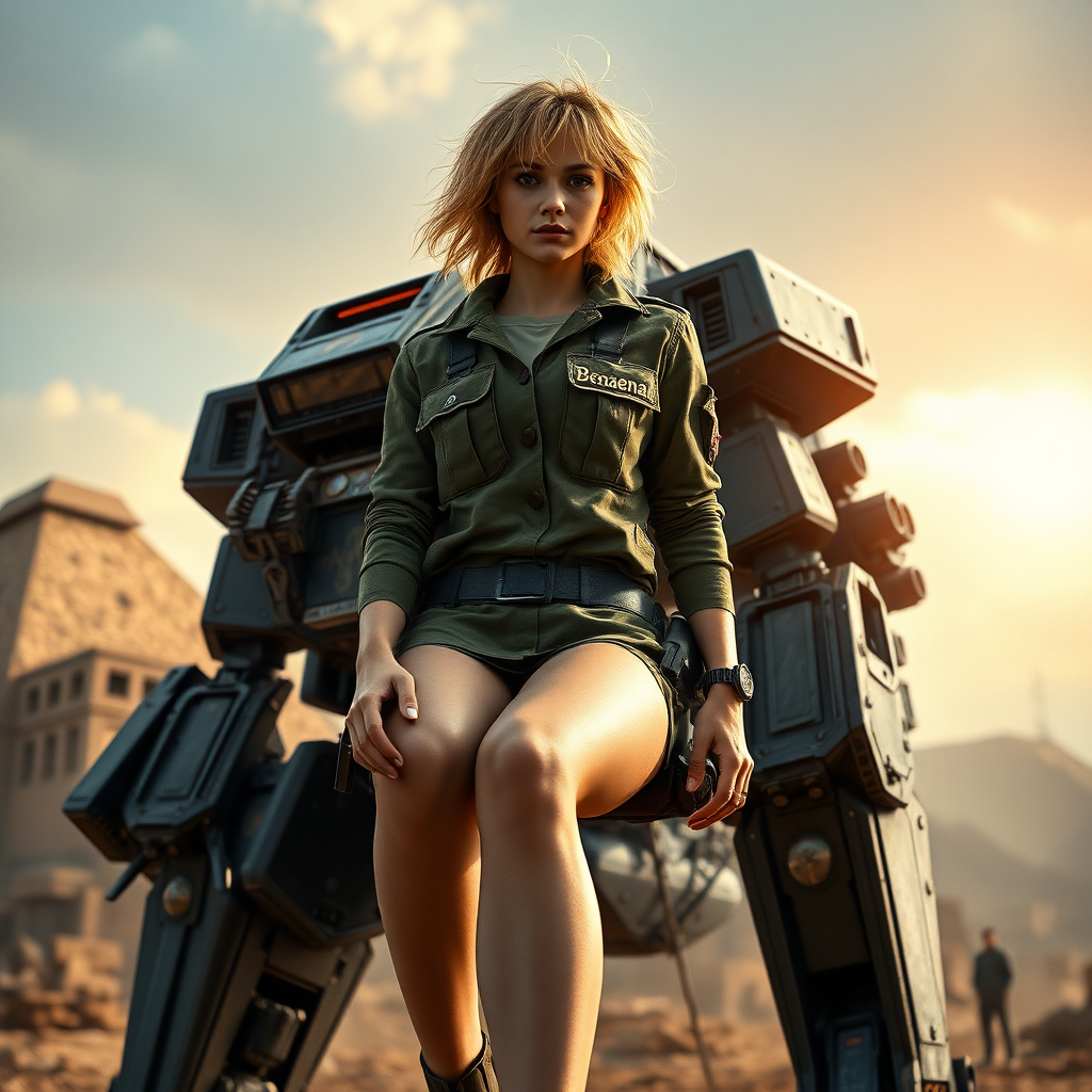 A full body shot of a pretty twenty-something female with a face resembling (ana de armas). strawberry blonde messy shoulder length hair tussled by wind. military outfit, "Benaenae" badge on the breast pocket, long legs, battlefield outside fortified pyramid bunker, sitting on the shoulder of a battletech giant mech twice the height of buildings, Hyper-realistic, Photorealistic digital matte painting, soft focus, film grain, lens flare. gritty, dirty, scuffed.