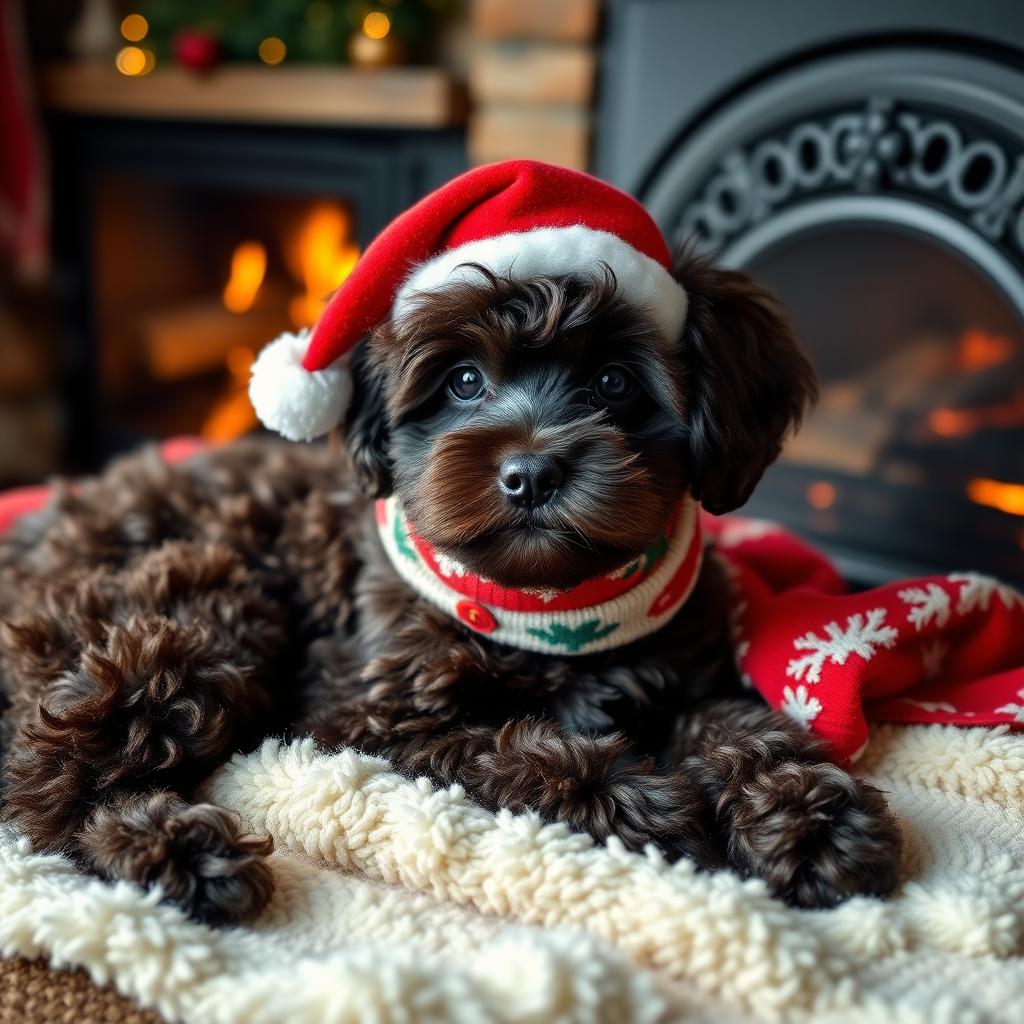 cute large dark chocolate colored cockapoo, with Santa Claus, laying on super soft blankets, with a scarf and a silly hat, next to a roaring fireplace