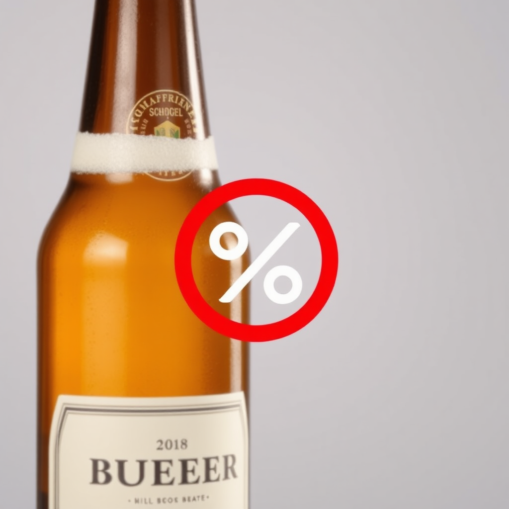 A photo of a beer bottle with a percent symbol crossed in a red circle, with label, photorealistic