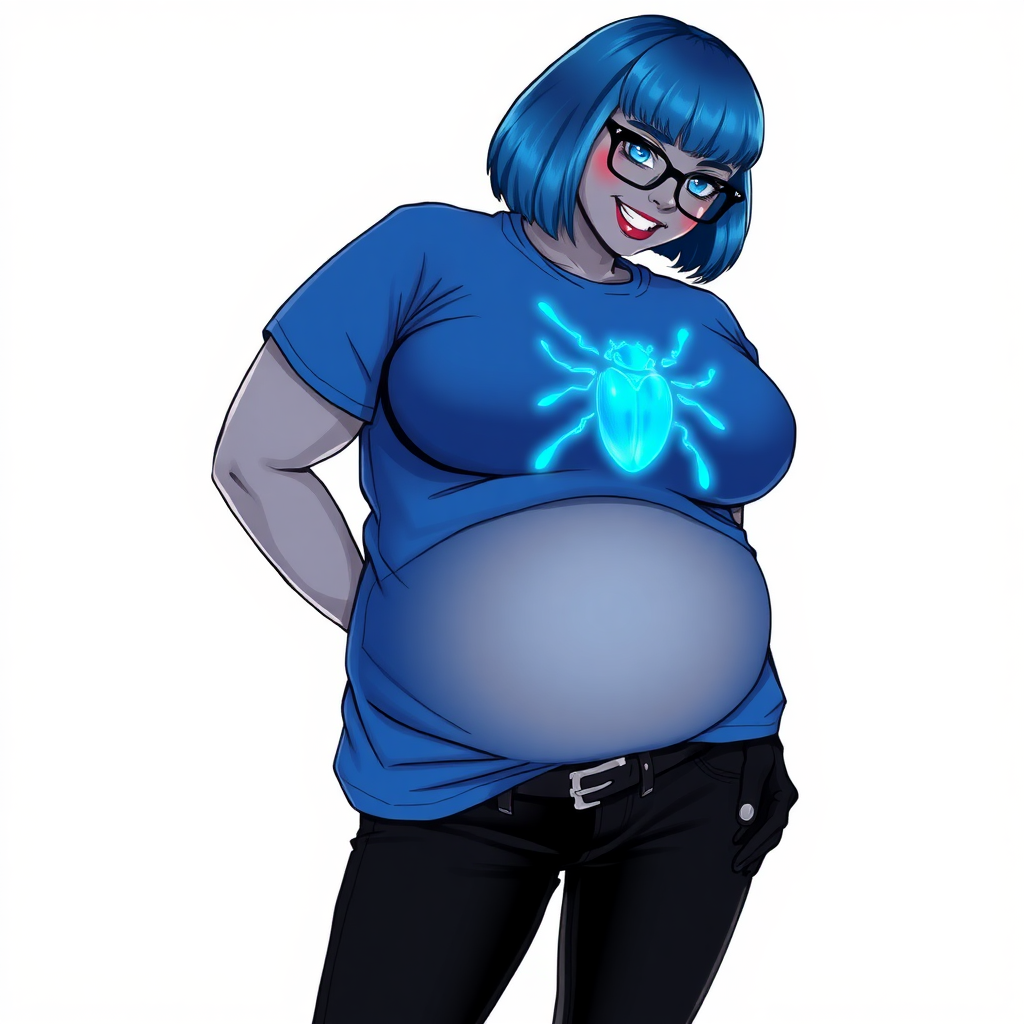 A 28-year-old, full-figured, metallic middle gray skinned computer program hybrid with a maximum blue bob cut. She has a non-athletic build, highlighted by a prominent, round, large midsection (with emphasis on her belly). As a digital sidekick, computer hacker, and nerdy girlfriend to her cyberpunk vigilante boyfriend, her middle gray metallic skin and maximum blue lipstick emphasize her digital nature. She wears a huge, tight-fitting, maximum blue t-shirt (accentuating her large belly) with a neon blue glowing chest icon of a beetle, black pants, a black belt with a sapphire scarab buckle, and black gloves. Her bright blue eyes, black eyeglasses, and lovestruck smile with neon red blush accentuate her nerdiness. She stands bashfully with her hands behind her back, her t-shirt covering her midsection (especially her large belly) and emphasizing her full-figured, non-athletic physique. She is on a solid white background. She is drawn as if she was in a retro 2D cyberpunk fighting game. She is clearly non-athletic, with a focus on her full-figured physique. Ensure her t-shirt covers her midsection (especially her large belly).