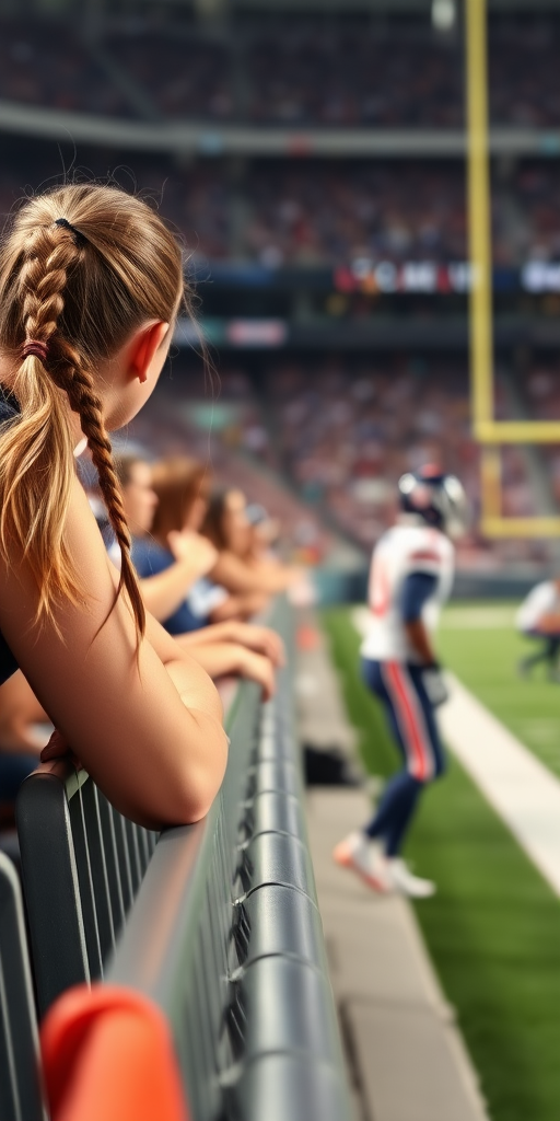 Attractive female NFL fan, pigtail hair, leaning forward over front row stadium barriers, fangirling over an NFL player who's on the field