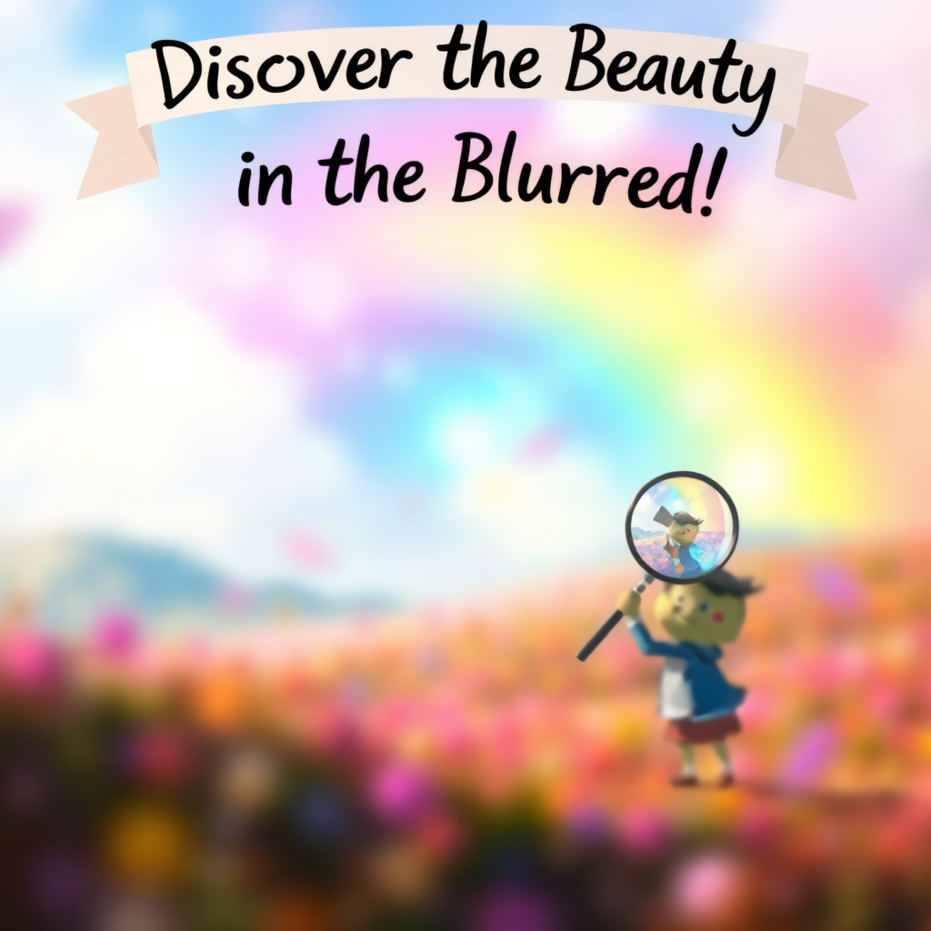 An imaginative scene depicting a dreamy landscape where everything is softly out of focus, with vibrant colors blending into one another, while a character holds a magnifying glass trying to find clarity amidst the blur, and a banner overhead reads, "Discover the Beauty in the Blurred!"