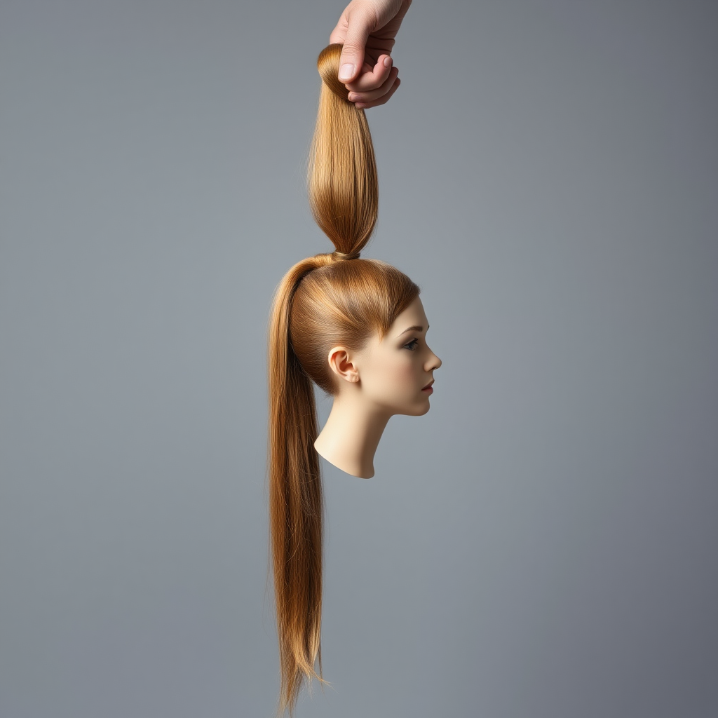 Surreal image of a very long haired woman's beautiful disembodied head hanging by her very long hair. Her very long hair is gathered at the top of her head into a long ponytail that stretches upward into a grasped hand. Plain gray background.