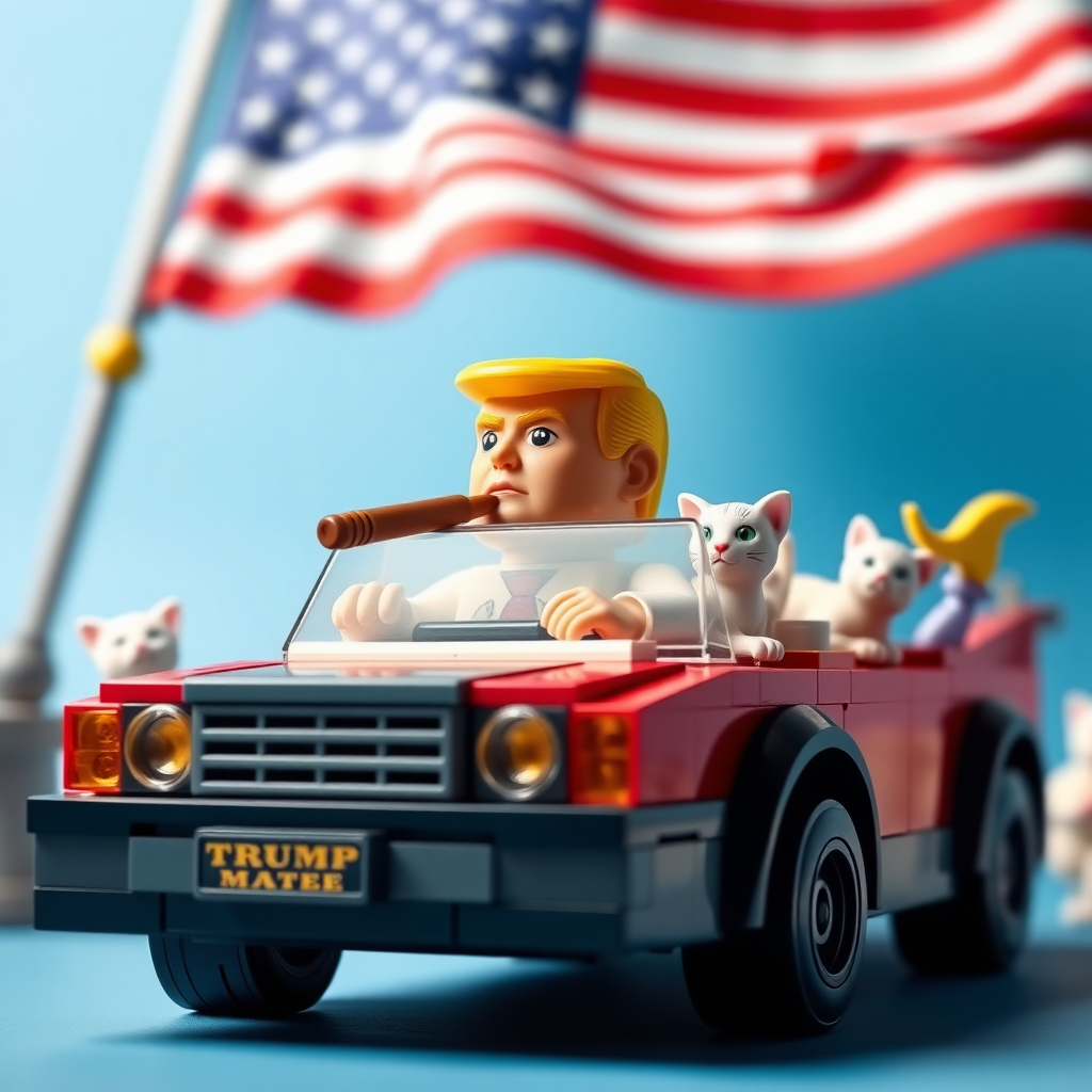 Trump in lego car with cigar, ear in fixed, cats everywhere, big flag of the US