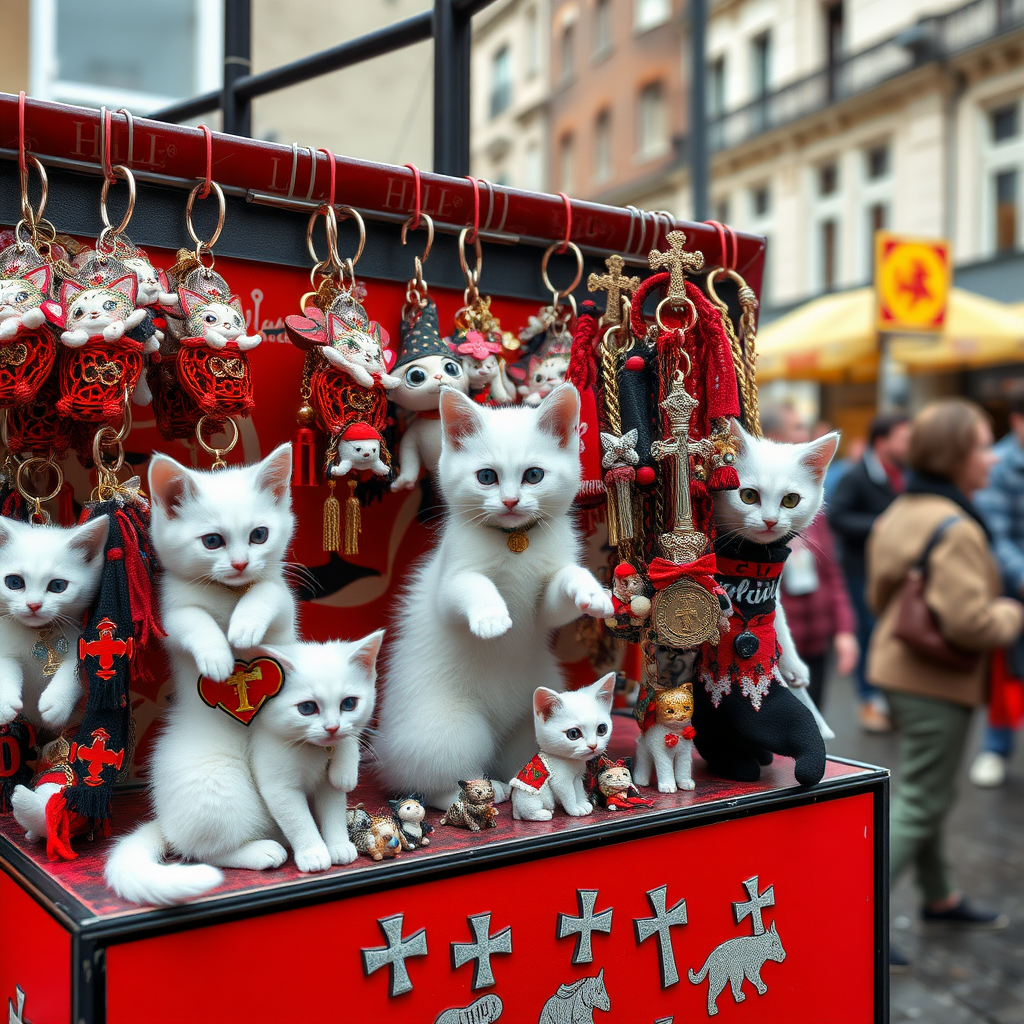 A street stall staffed by white kittens filled with kitschy keychains for tourists in hell, cats, Catholic, vampire, cross, tacky, rainbow, raining, weird