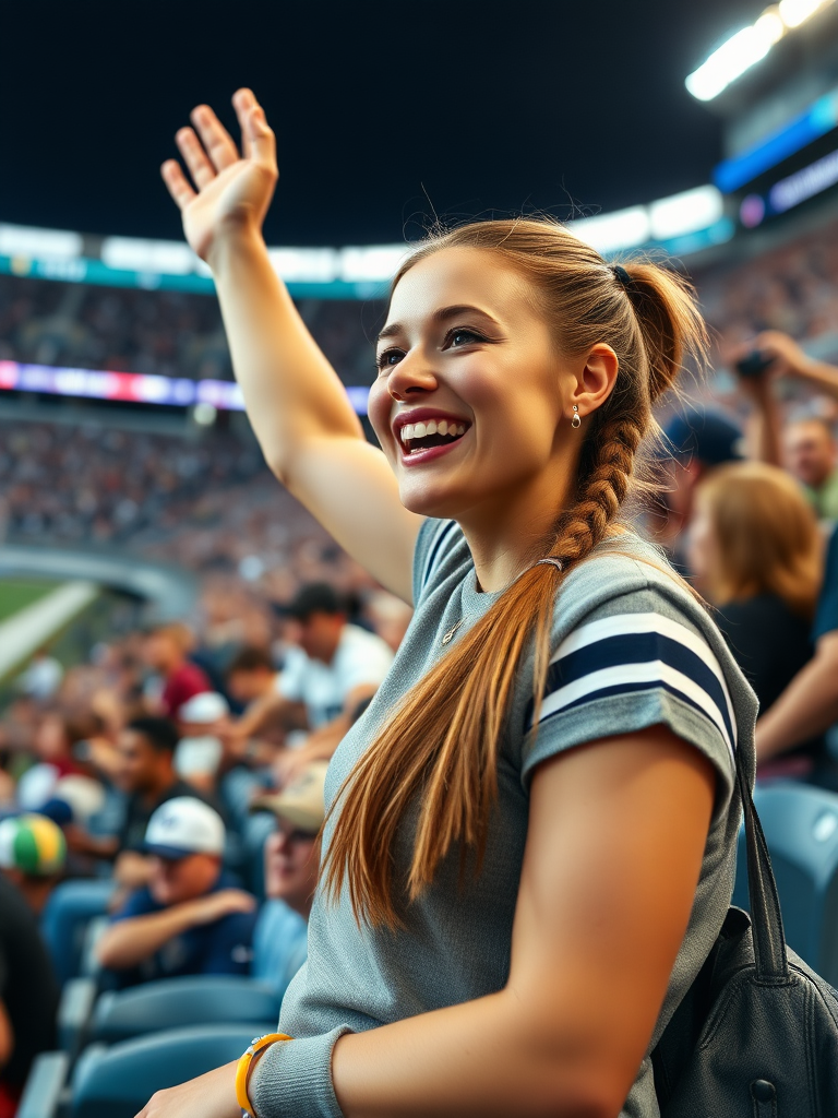 Attractive female NFL fan, cheering wildly, pigtail hair, crowded stadium bleacher row, bottom angle shot