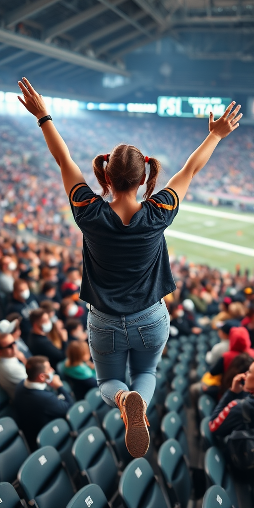 Attractive female NFL fan, pigtail hair, inside crowded bleachers, jumping in the crowd, arms raised, NFL stadium