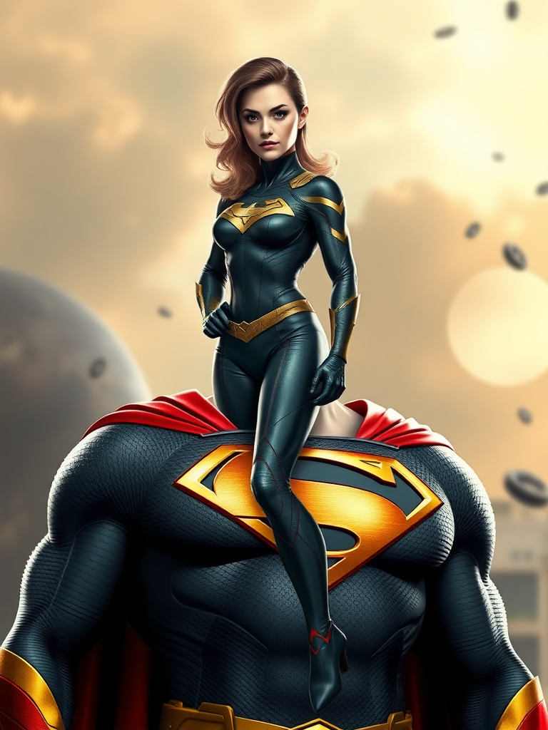 "Generate a full-length image of Superman, utilizing Black Canary's female figure for the body. Maintain Superman's head, hairstyle, and facial features. Merge key embellishments from Black Canary's costume into Superman's, adjusting it to fit the new proportions. For the background, blend elements inspired by both characters' worlds."