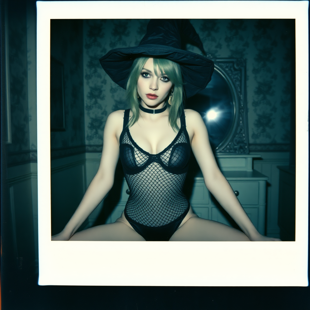 can of an old polaroid photo with heavy dark vignetting and a blue color tint to the photograph and visible light leaks. The photo depicts a sexy alt goth girl with pale skin and green hair. She has large breasts with ample cleavage and is wearing a black fishnet bodysuit. She is wearing a witch hat. The image looks hazy and grungy. She is in an old house with wallpaper on the walls. Dark lighting with camera flash used. Candid. she is wearing a black thong. She is sitting on a builtin vanity with a mirror with her knees spread apart.