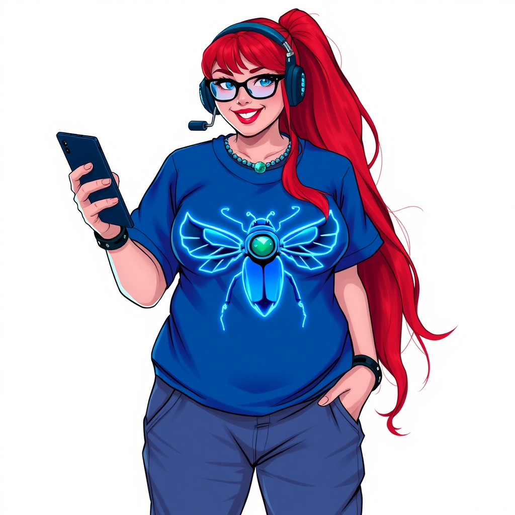 A cyberpunk vigilante’s full-figured intelligent and tech-savvy 29-year-old girlfriend, who is a computer hacker and tech genius. She has a long ruby red ponytail and bright blue eyes. She wears a sapphire beetle gemstone necklace, an oversized Maximum Blue (RGB 71, 171, 204) t-shirt featuring a giant neon blue glowing chest icon of a winged beetle, and matching Maximum Blue (RGB 71, 171, 204) sweatpants. She has a full-figured physique with a prominent, gargantuan, round midsection, reflecting her well-cared-for lifestyle. She sports a sapphire headset with a hi-tech sapphire lensed HUD visor, Maximum Blue (RGB 71, 171, 204) lipstick, black eyeglasses, and a beaming smile with a passionate bright red blush. Despite her figure and a lack of self-esteem, she radiates an air of beauty. She has an angular face which contributes to her radiant beauty. She serves as his tech expert from his hideout, holding a holographic tablet and a hi-tech tool wrench. The background is solid white. She is drawn as if she was in a retro 2D cyberpunk fighting game. Make sure her outfit covers her midsection.