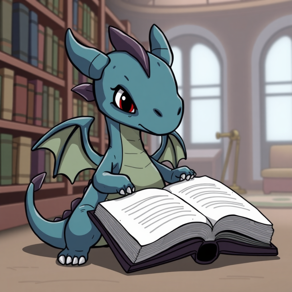 A cartoon bored indigo small dragon with two legs, two arms, black eyes with red pupils and wings in a library reading from a large book that is sitting on the ground beside him.