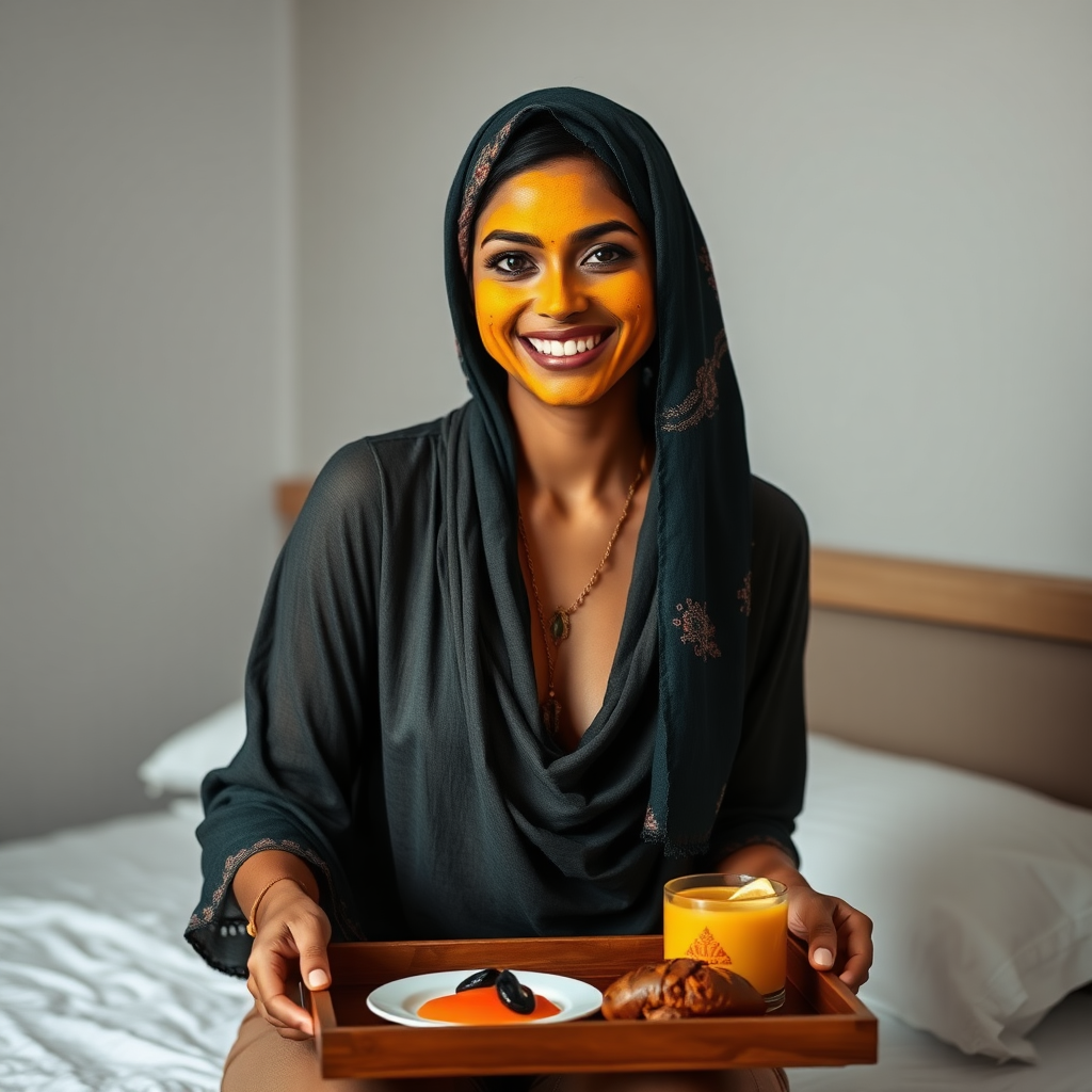 slim, 30 year old, sexy, indian wife, scarf head, turmeric face mask. She is smiling and serving breakfast on a tray on bedside table