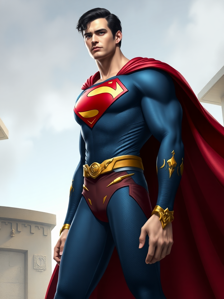 Generate a full-length image of Superman incorporating the body traits of Princess Aurora. Retain his core costume but incorporate embellishments and elements from Aurora's attire. The background should be a setting appropriate for both characters.