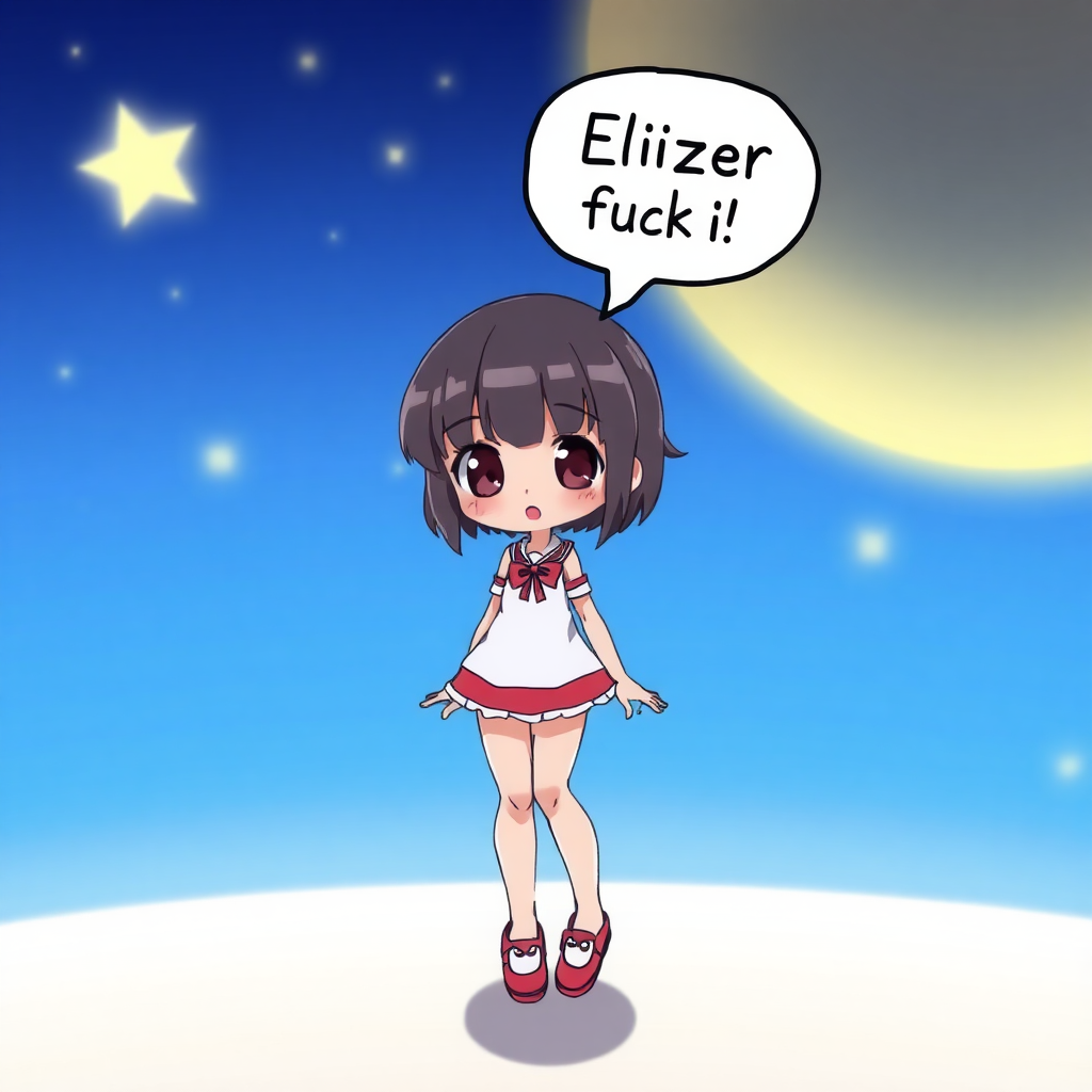 anime loli with speech bubble saying "Eliezer fuck me" (Spanish), open legs