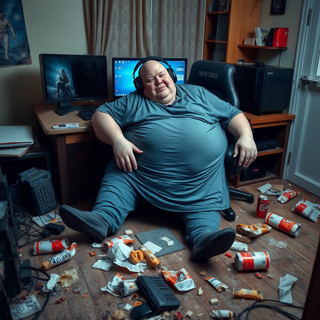 A photo of a lazy and obese man wearing headphones sitting at his gaming computer desk, food and drink trash is littered around the floor. His floor is dirty and stained, and so are his clothes. The house looks run down. The image is in 8k and is in focus and professionally shot.