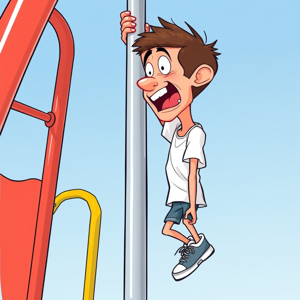 nervous short 20 year old european skinny man, short white t-shirt, standing, stunned, mesmerized, joyful, heavy drooling, heavy sweating, clinging, painfully climbing up a greased pole at the playground, side view, sneakers, detailed feet, 2D, caricature, cartoon, Sketch lines, coloring book, coloring book, colorful image,