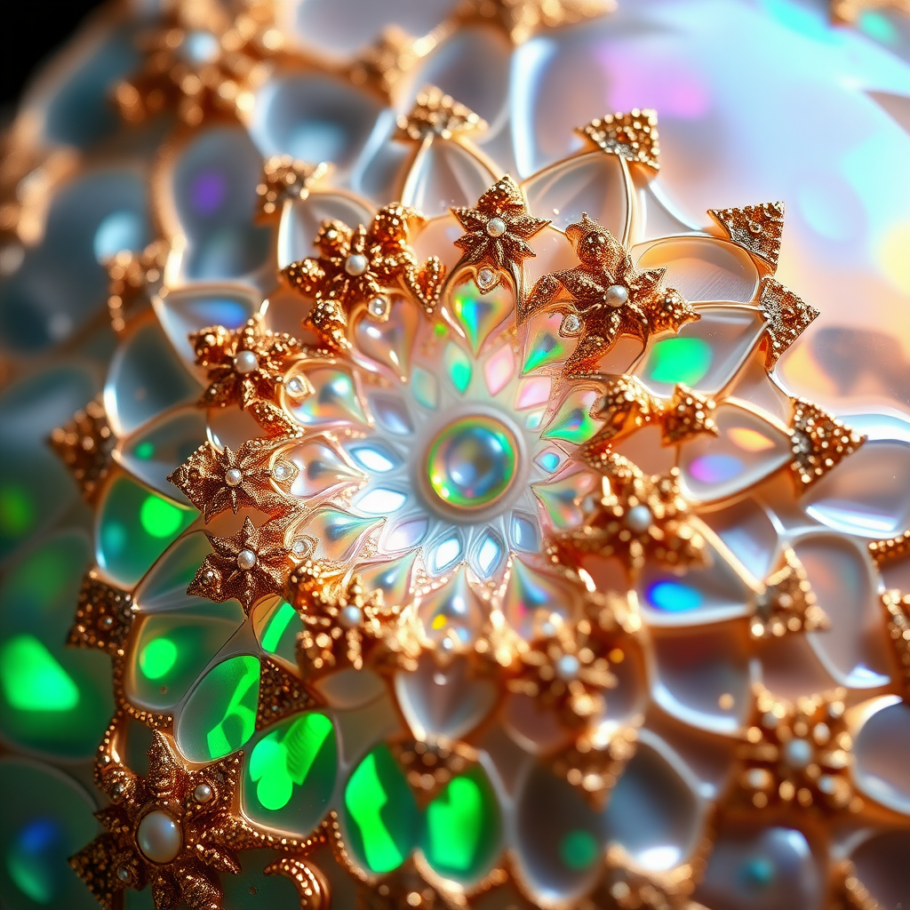 abstract pottery, mandelbulb fractal, sacred geometry, ultra-detailed, dynamic composition, artistic photograph, fractal, brilliant colors, glittering, illumination, transparency, translucent, opal, gold, romanticism, sharp focus, floral, mother of pearl, iridescent, jewelry