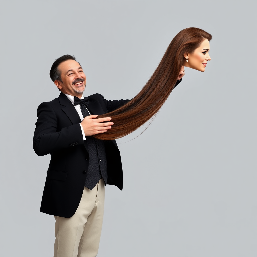 A surreal image of a smiling male magician standing to the side while holding up the disembodied head of a very long haired Kate Middleton. He is grabbing her very long hair and pulling it up high in the air, while her head is hanging by her hair from his grasp to display it to the camera. Plain gray background.