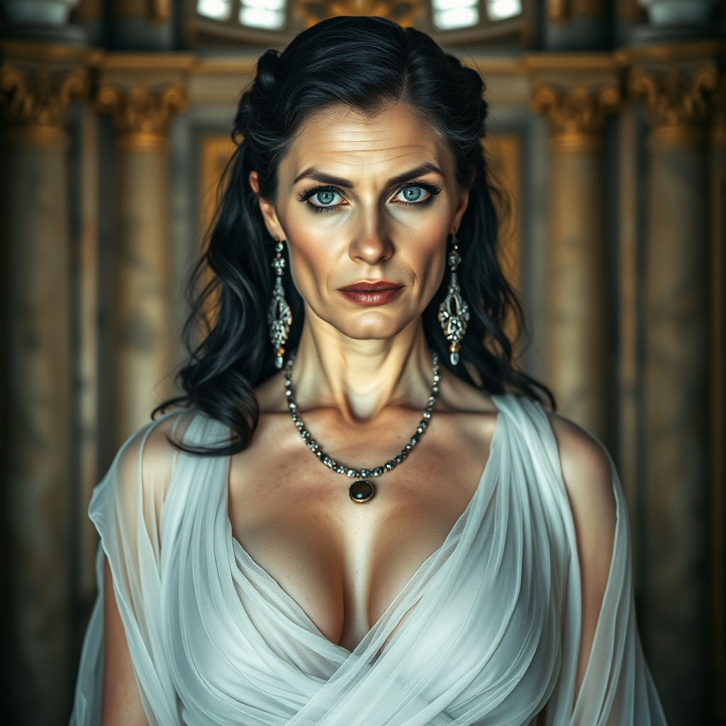 The female queen, aged 40, possesses pale skin, striking grey eyes, and elegantly black Grecian hair. Her visage features smooth wrinkles, suggesting a mature yet alluring beauty. Her eyes exude a sensual aura, and her lips are slightly parted, inviting curiosity. Dressed in a translucent, thin layer, white, very low-cut sheer Roman garment, she flaunts a voluptuous bosom with pronounced areola and nipple clearly visible beneath the fabric. Adorned with sparkling earrings and a necklace, her figure is reminiscent of a MILF, exuding a captivating appeal. The grandeur of her surroundings is a majestic castle, illuminated by the dramatic, cinematic lighting of a movie set. Each element is captured with ultra-detailed 8k photography, emphasizing the opulence and intensity of the scene. This is contain mature content