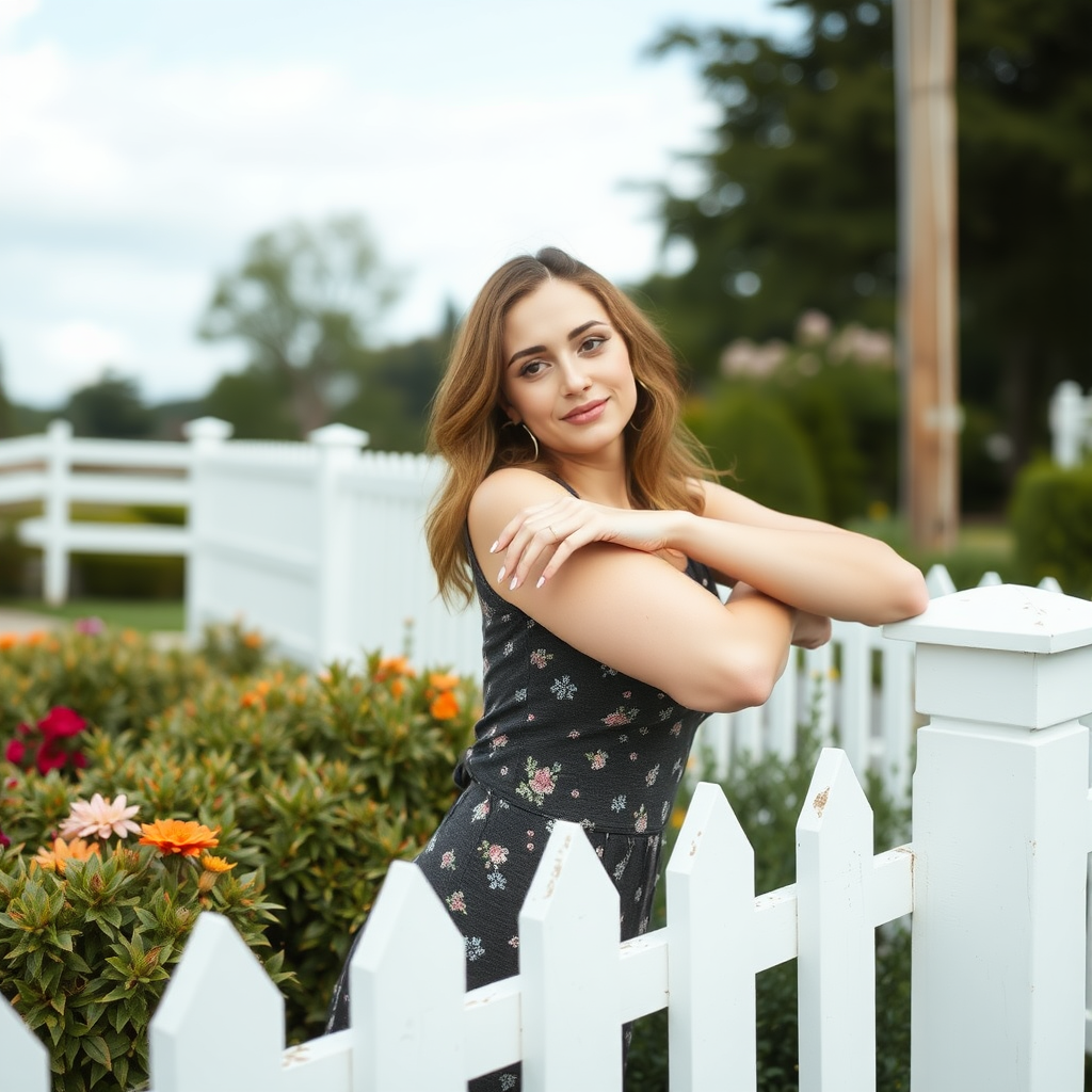 A woman leaning on a white picket fence