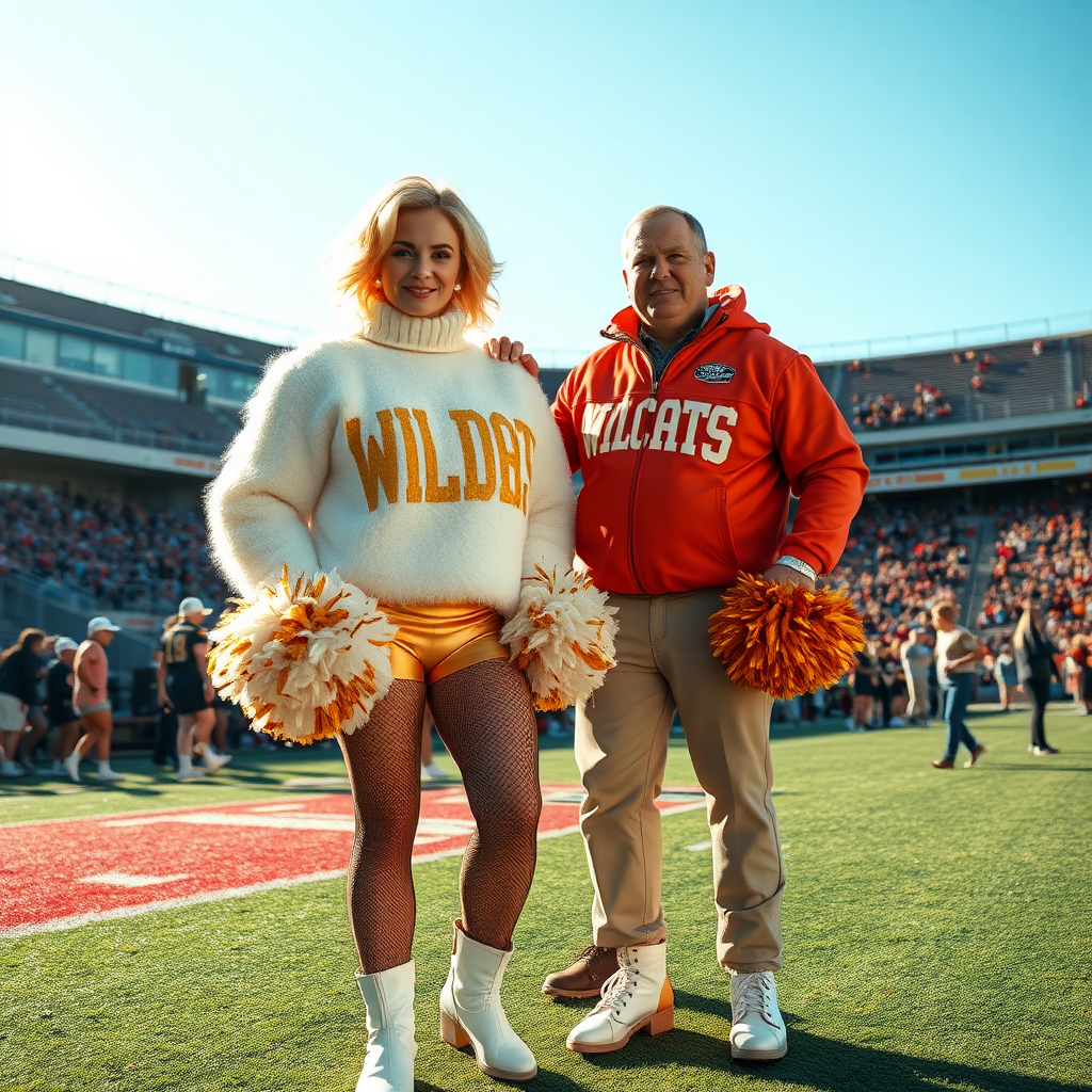 Sunny cold fall noon, college football stadium game, cheerleaders leader squat: Ana, European 17 years old very convincing femboy “QB’s trophy-bimbo”, tamed servile docile, very beautiful feminine flawless face, rather short boyish figure, platinum blond short tight curls, bold red lips, heavily made-up face, fluffy very fuzzy bright white plushy hazy thick angora turtleneck-sweater with “gold “WILDCATS” letters, vinyl gold short shorts, mesh pantyhose, white vinyl thigh-high boots with golden heels, large gold-white pompoms, pearl earrings, standing, shoulders slightly arched back to present her assets, posing for photo with Hank: older tall overweight male football coach, wearing college football coach outfit, triumphant smile, nimbly patting Ana. Jealously watching from behind: very angry wildcat’s QB.