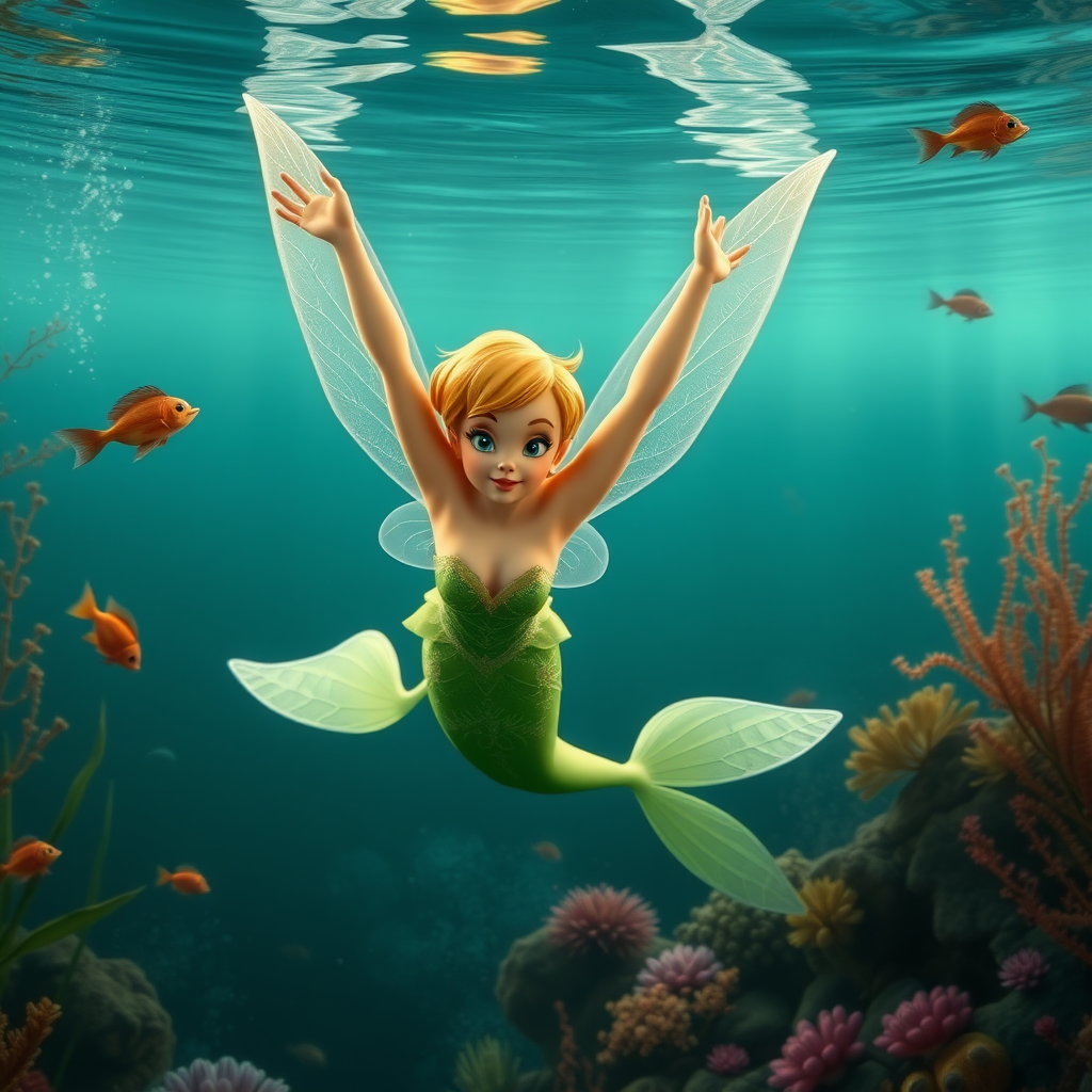 Tinkerbell as a mermaid she's floating underwater surrounded by sea creatures and plant life. Her graceful arms float above her head. In the photographic style of Richard Fegley on DSLR