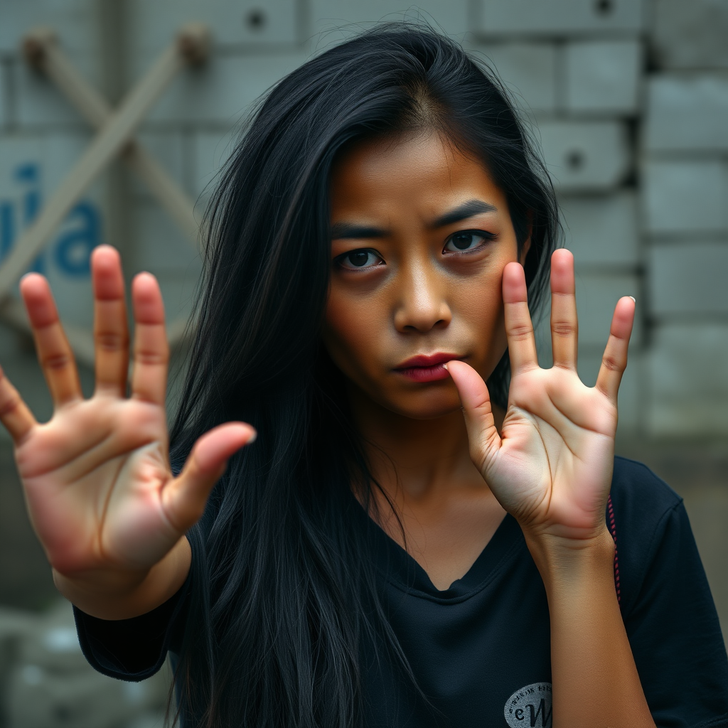 A very mysterious and very pretty, sad and homeless, about 30 years old, healthy, young-at-heart Asian woman with a very dark skin color and with a T-shirt and long, deep black hair and very typical and black Asian eyes, is very ashamed to look me in the eye and waves to me very embarrassed.