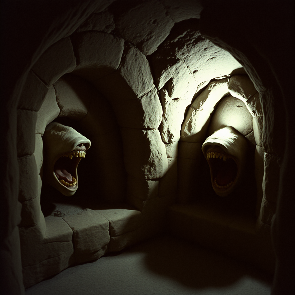 highly detailed realistic 35mm fantasy movie still photograph from 1981 of The third pair of alcoves contains a double magic mouth spell, and this magic omen will be triggered as soon as any adventurers reach the point in the corridor between the two alcoves. When this occurs, a mouth appears on the side wall of the east alcove, and another mouth appears on the side wall of the west alcove.