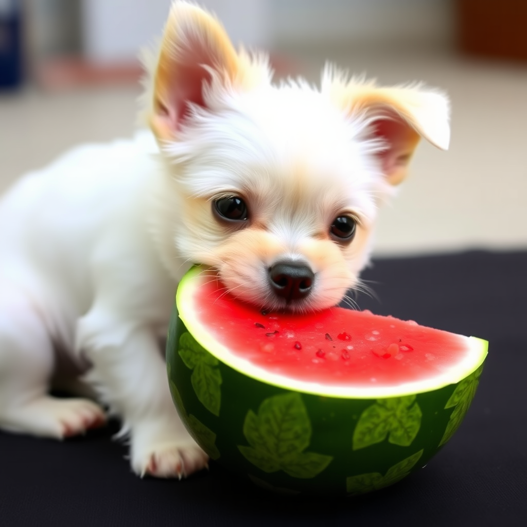 A small dog is eating watermelon, and it's a white little dog.