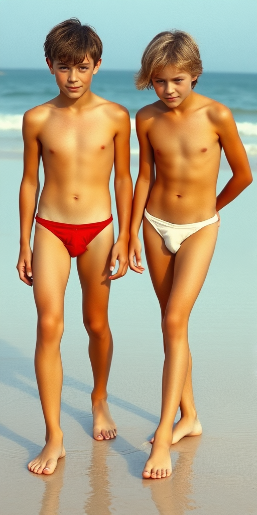 Two 13yo teen boys, wearing tight narrow thongs, long legs, narrow thighs. Beach. full-length view. 1980s. photorealistic, ultra high resolution, 16K, Negative: grainy, blurry, bad anatomy, extra limbs, watermark.