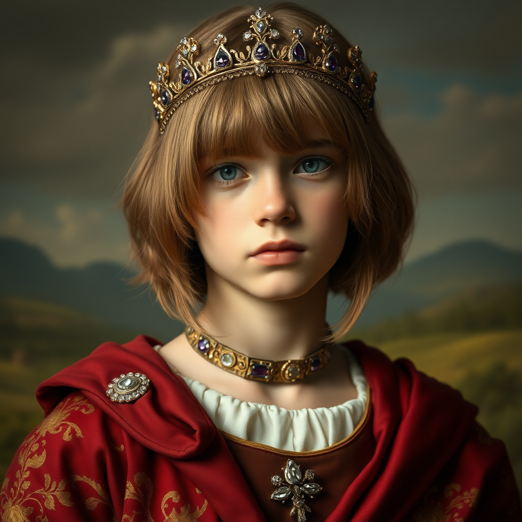 16yo teen boy prince, long bob cut, embroidered with gold and diamonds medieval cloths, diamond diadem, and Beautiful War, natural Skin Texture, visualization of embossed Skin using the play of light and shadow. Free style by 50% Adolphe William Bouguereau and 15% Sandro Botticelli and 35% Otto Lomüller, The background is in the style of landscape style by Antonio del Polaiolo. Studio lighting, professional lighting. Generating the signature at the bottom: Some boys are born beautiful (10%), not gay, you don't have to turn them into women or gay or push them to do so, they will make up their own mind )) . ultra high resolution, 16K,