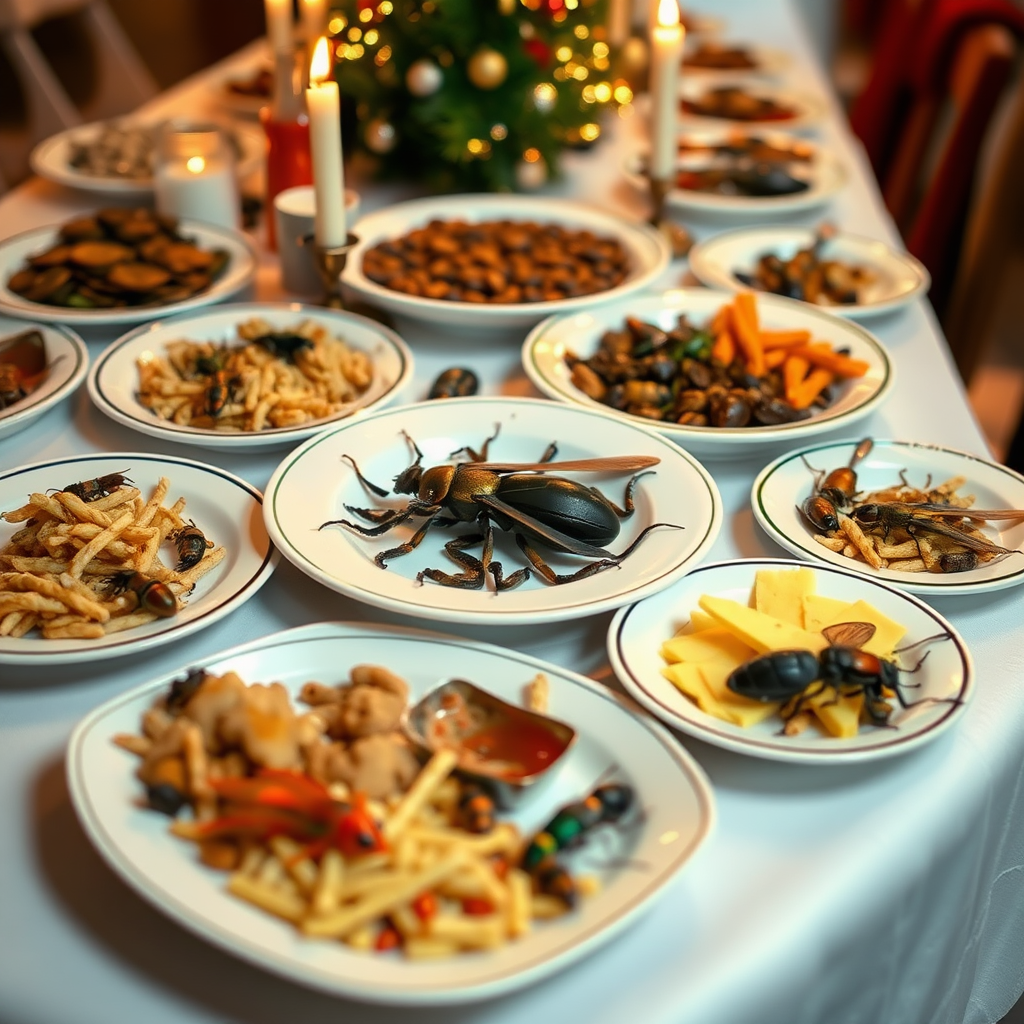 Christmas buffet but all the food is insect or bugs, no normal food just plates and bowls of creepy crawlies