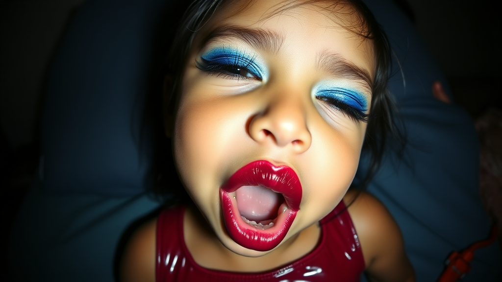 four-year-old-latina-female-child that has extremely big lips. She is wearing intense-blue-glitter-eyeshadow, thick-winged-eyeliner with very-dramatic-eyeliner-wings, and dark-burgundy-glossy-lipstick. She is wearing a tight-glossy-latex-sleeveless-crop. her mouth is half open and her eyes are half closed. Fish-eye-lens, laying in a dark motel room, amateur flash photography.