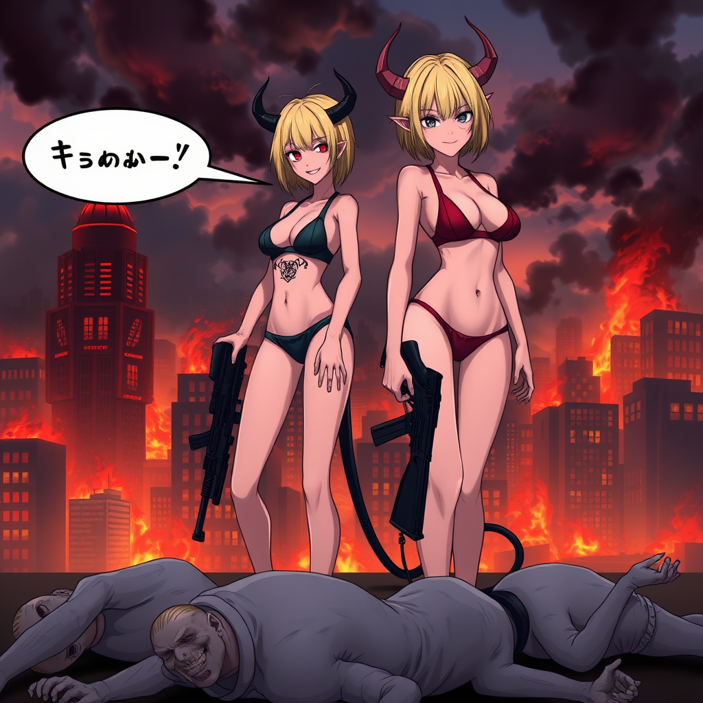 Anime, city on fire background, 2 mischievous tall-slender demon girls, short blond hair, wearing sexy-micro bikini-bra-like clothing, micro g-string bikini, Womb tattoo on belly, mischievous wicked smile, large breasts, full body, long legs, looking at viewer, speech bubble with a burning city, holding rifle, down below are 4 white-skinned human males on the floor dead.