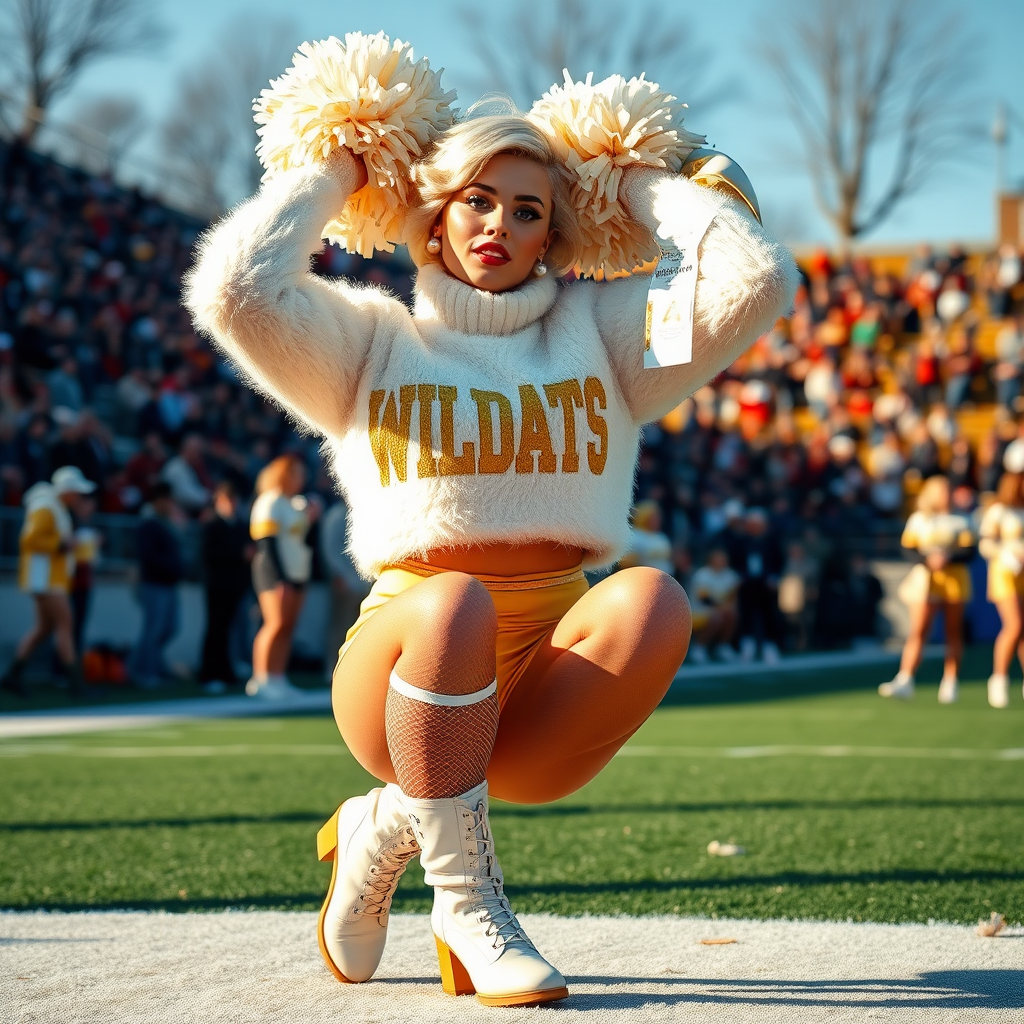 Sunny cold fall noon, college football stadium game, cheerleaders squat: Ana, European 17 years old very convincing femboy “QB’s trophy-bimbo”, tamed servile docile, very beautiful feminine flawless face, rather short boyish figure, platinum blond short tight curls, bold red lips, heavily made-up face, wearing cropped chunky fluffy very fuzzy bright white plushy mohair turtleneck-sweater with “gold “WILDCATS” letters, vinyl gold short shorts, mesh pantyhose, white vinyl thigh-high boots with golden heels, large gold-white pompoms, pearl earrings, pearl belly piercing, striking pearl tongue piercing, dancing with pompoms over her head, presenting her assets, trying to attract visitor’s coach.