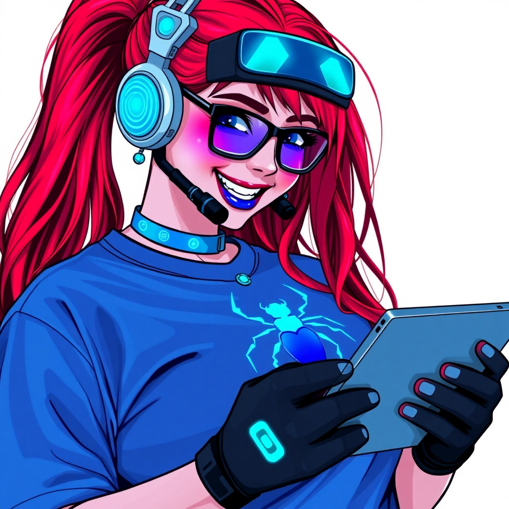 An intelligent and tech-savvy 28-year-old computer hacker and tech genius. She has a long ruby red ponytail. She wears maximum blue lipstick, blue eyes, a sapphire beetle gemstone necklace, sapphire earrings, black eyeglasses, hi-tech power gloves, and an oversized maximum blue t-shirt featuring a neon blue glowing beetle chest icon. She has a full-figured physique with a prominent round gargantuan midsection, reflecting her well-cared-for lifestyle. She sports a sapphire headset with a hi-tech maximum turquoise lensed HUD, and a beaming smile accentuated by a passionate neon red blush. She serves as his tech expert from his hideout, holding a futuristic tool wrench and a futuristic digital tablet. The background is solid white. She is drawn as if she was in a retro 2D cyberpunk fighting game.