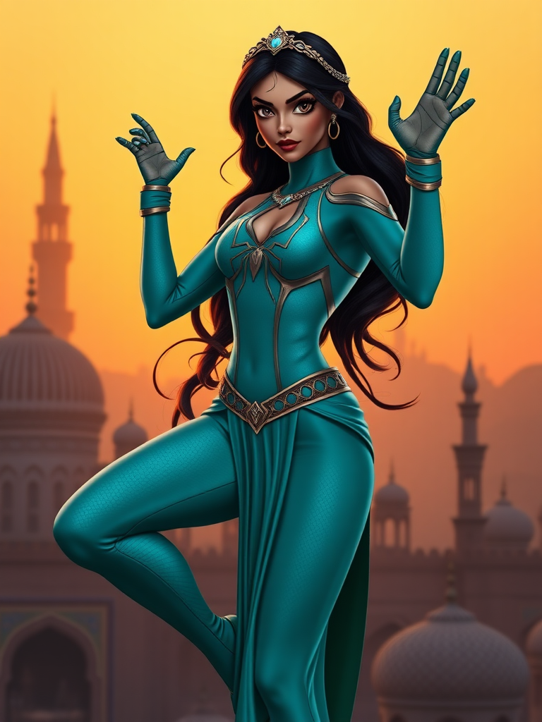 Create a full-size photorealistic image of Princess Jasmine reimagined with Spider-Man's body shape. Maintain Jasmine's recognizable face and head, but transform her body to match Spider-Man's athletic, masculine physique. Adapt her iconic teal outfit to fit this new form, incorporating elements of Spider-Man's suit design. Show her full body in a dynamic pose reminiscent of Spider-Man's acrobatic stances. Set the scene in a twilight Agrabah cityscape, with ornate domes and minarets silhouetted against a warm, orange sky. Include subtle web-like patterns in the architecture to blend both worlds. Ensure lighting enhances the drama and heroic nature of the pose while maintaining Jasmine's regal demeanor.