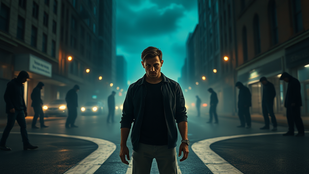 a person standing at a crossroads, looking conflicted and overwhelmed, shadowy figures in the background representing negative influences, dramatic lighting, high detail, emotional expression, photorealistic, concept art style, urban setting, cinematic composition, 4k resolution